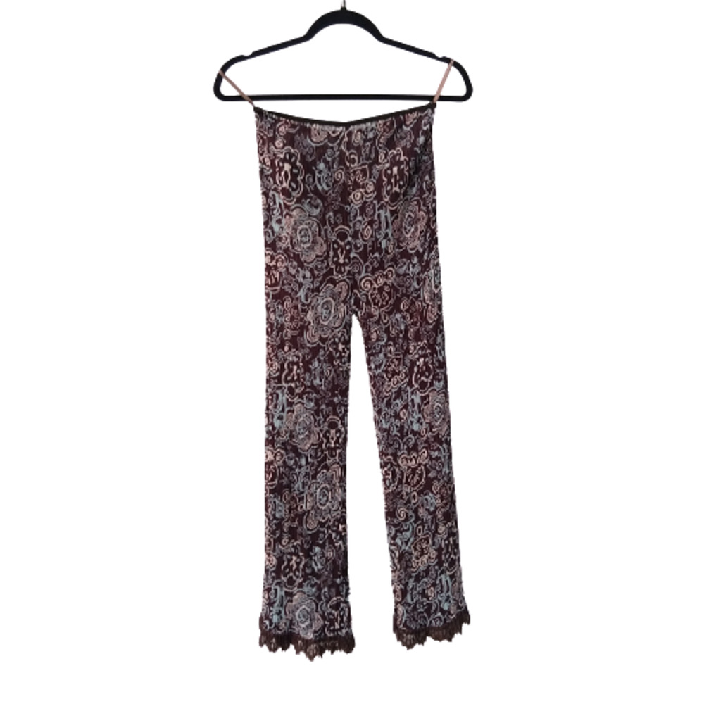 Women's Micro-Pleated Pants Size Small Brown Multicolor Stretch Lace Trim Ubu